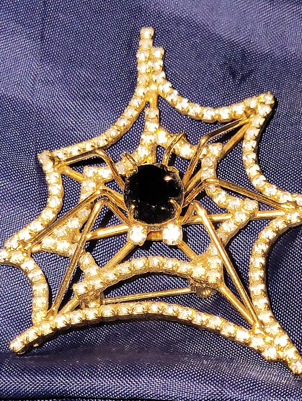 Dorothy Bauer Spiderweb Swarovski Crystal 24k Gold 3D Brooch Signed 1980s Chic